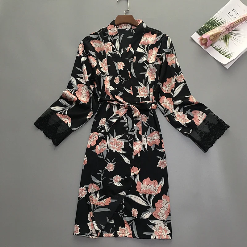 

Print Flower Women Robe Sexy Kimono Bath Gown Satin Nightwear Casual Loose Sleepwear Lingerie Summer Thin Lounge Wear Nightgown