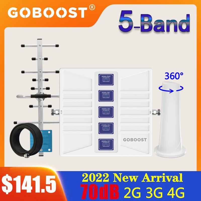 GOBOOST Five Band Signal Booster 2G 3G 4G 700 800 850 900 1800 1700 1900 2100 2600 MHz Cellular Amplifier Cellphone Reapeater