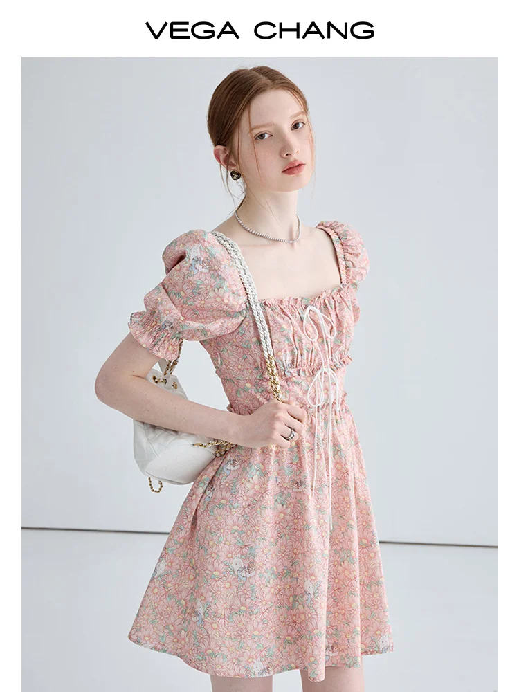 

Женское облегающее платье с квадратным вырезом, короткое платье с французским цветочным принтом и рукавами-фонариками, лето 2023