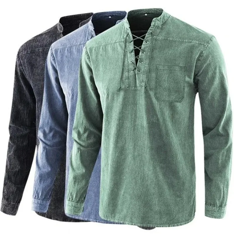 

2022 New Fashion Camisa Masculina Long Sleeve Top Air Eye Tie Stand Collar Men's Pullover Shirt M-4XL