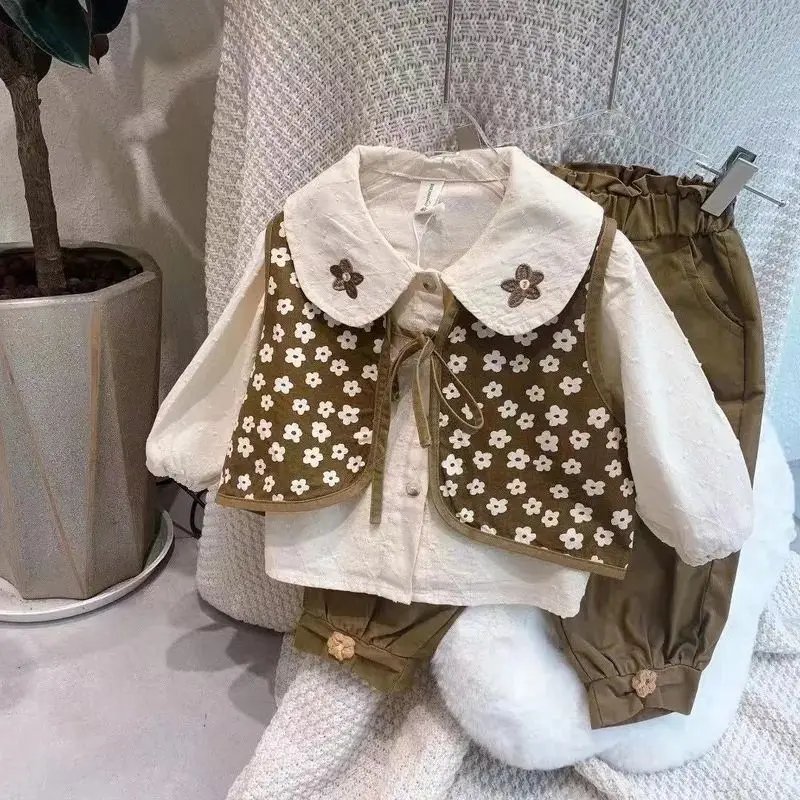 

2023 new Spring Autumn Baby Girls Flowers Vest+shirts+pants Clothing Set Elegant Kids 3pcs Suits ,Children Birthday Clothes Sets