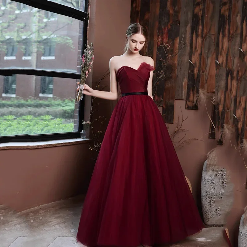 Женское свадебное платье с открытой спиной бордовое длинное ТРАПЕЦИЕВИДНОЕ