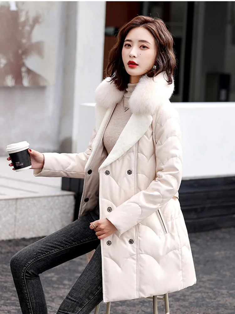 New Women Leather Down Coat Casual Fashion Real Fox Fur Turn-down Collar Belt Slim Sheepskin Down Outerwear Thicken Warm Jacket