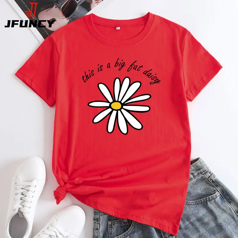 JFUNCY 2023 Summer Women's T shirt Fashion Flower Print Tshirt Women Oversized Short Sleeve Tee Shirts Top Female Cotton T-shirt