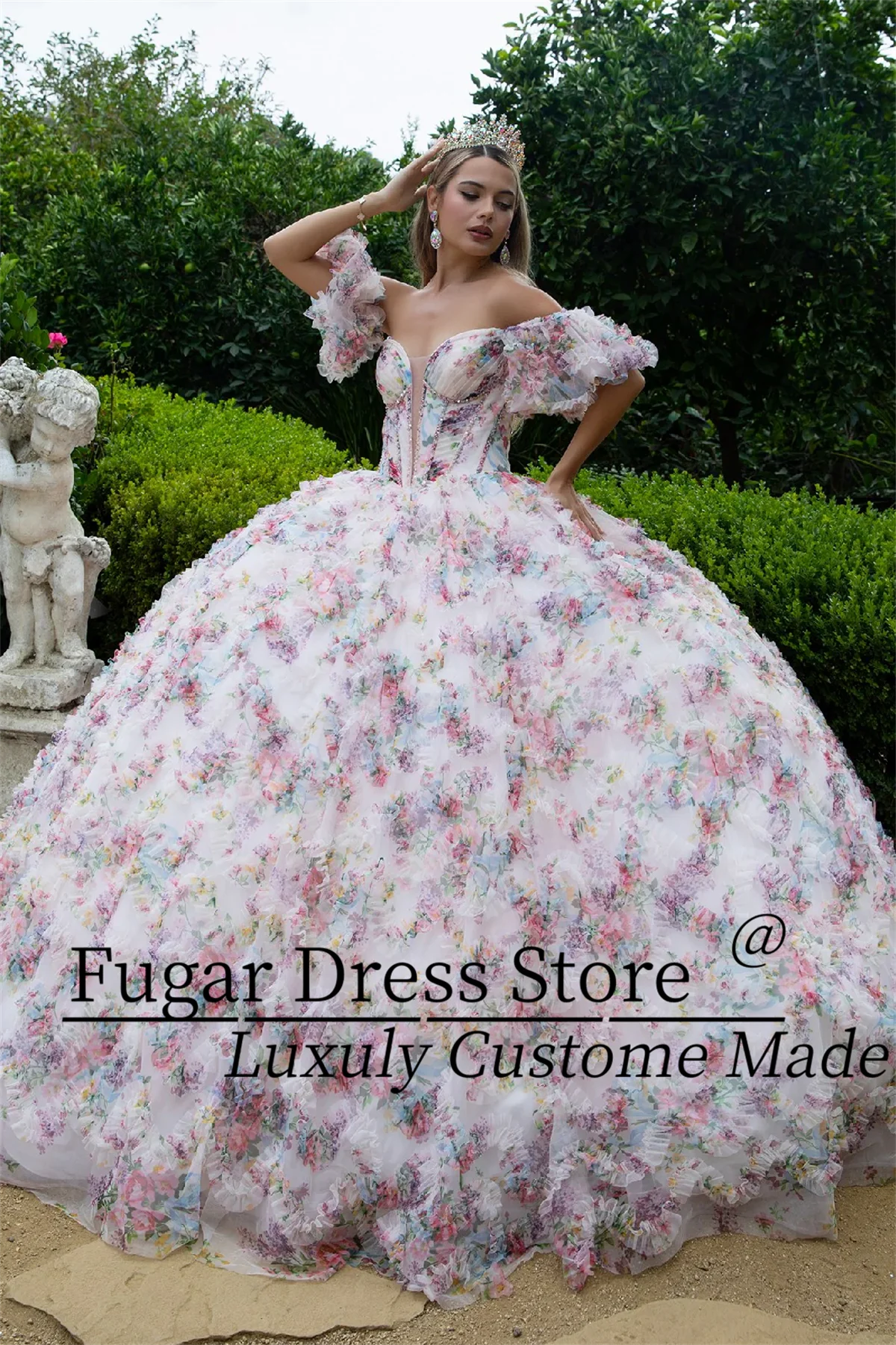 Фото Модные светло-розовые платья Quinceanera с цветочным принтом, длинное платье с открытыми плечами и плиссированная юбка трапециевидной формы, вращающиеся платья для Niñ №1