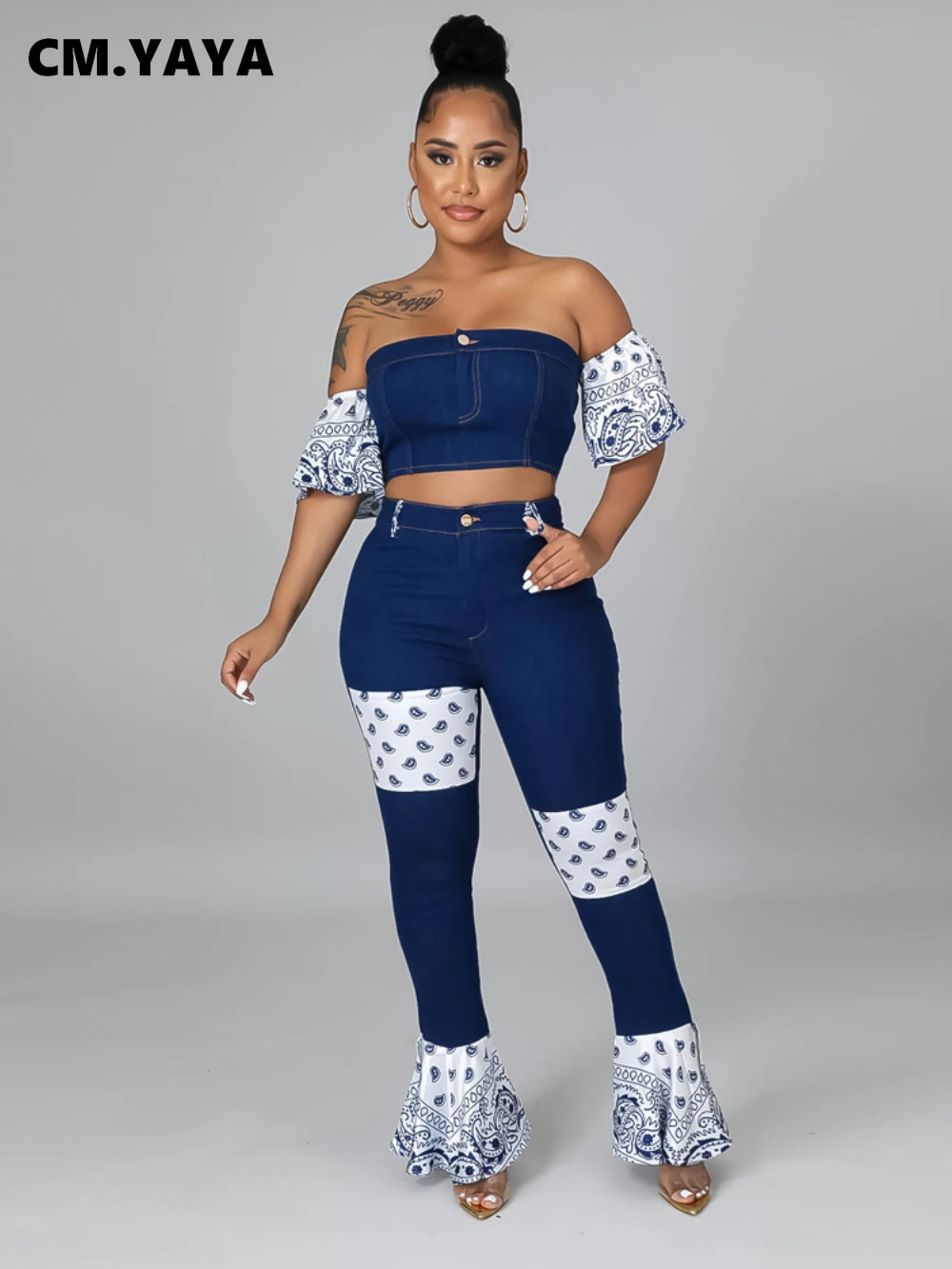 

Женский джинсовый брючный комплект CM.YAYA Bandanna, джинсовый лоскутный комплект из двух предметов с расклешенными брюками с открытыми плечами, л...
