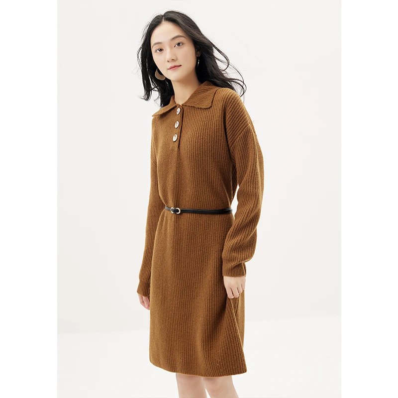 Купи New Wool Knit Women Dress Knee-Length LOOSE Autumn/Winter Turn-down Collar Pullover Vestidos De Mujer Invierno 2022 за 11,413 рублей в магазине AliExpress