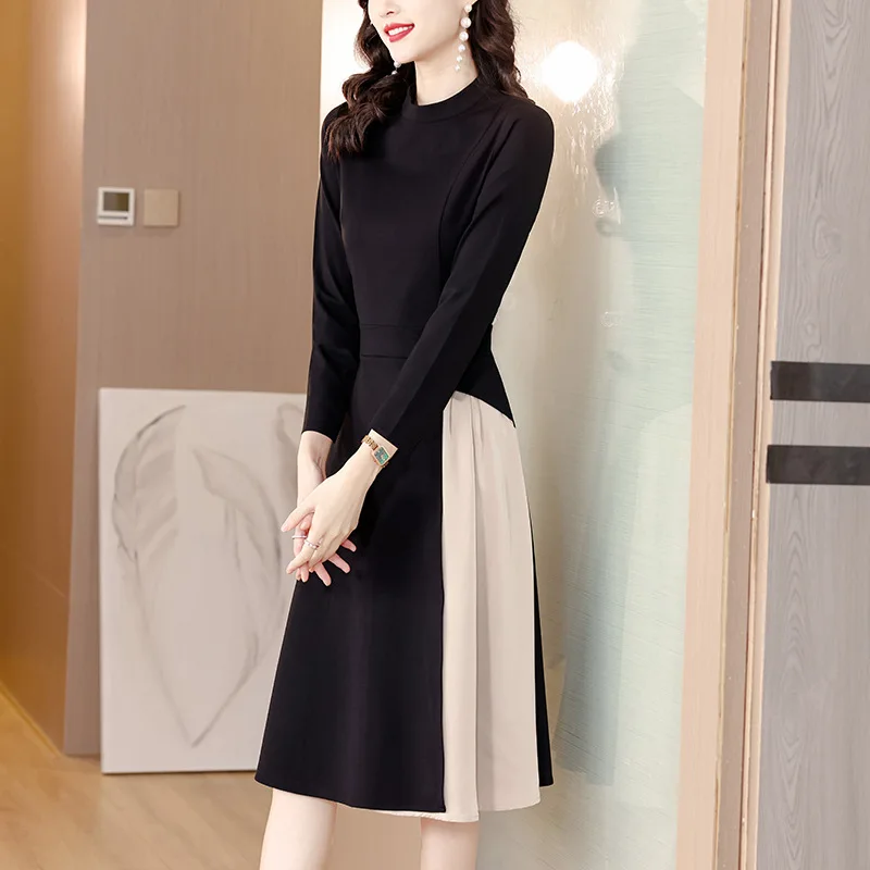 

2022 New Office Lady Black A-line Dresses Slim Stand Collar Autumn Brief Basic Dress for Women