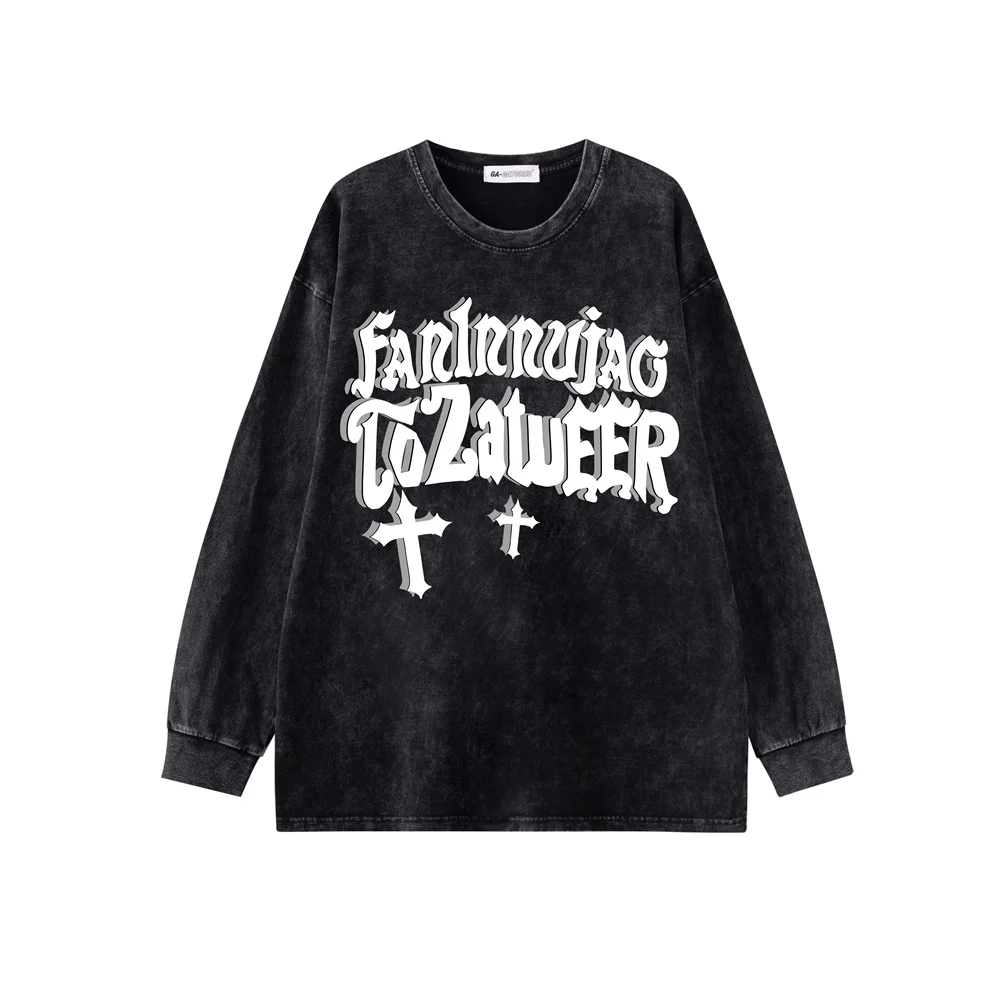 

Men Hip Hop Streetwear Oversized T Shirt Letter Cross Graphic Printed Vintage Washed T-shrits 2022 Harajuku Long Sleeve Tops Tee