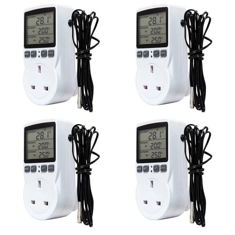 

4X Digital Temperature Controller Thermostat Outlet Socket Plug Heating Cooling Timer For Homebrew Greenhouse UK Plug
