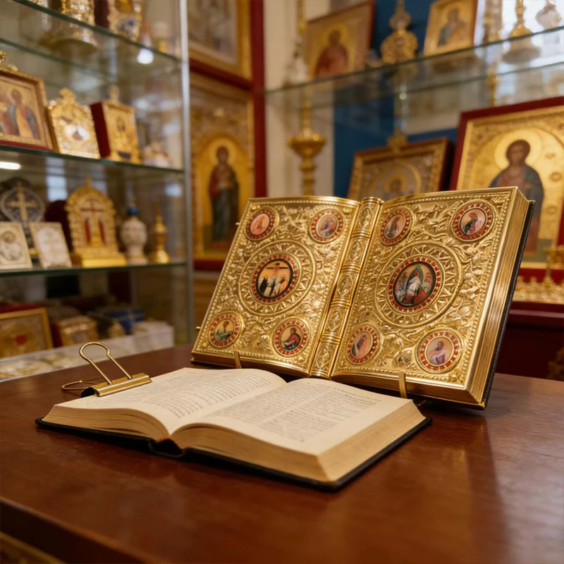Фото Винтажная позолоченная православная книга Священного Писания с эмалевыми иконами святых для церковной литургии, домашнего алтаря, молитв, подарок для христианской веры №3