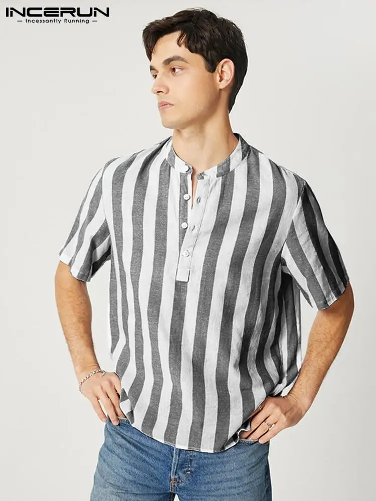 

Топы INCERUN 2022, модные хорошо облегающие мужские рубашки с коротким рукавом, летняя мужская повседневная Уличная одежда, стильная полосатая б...