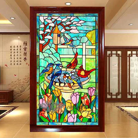 

Custom-made Porch Glass Art Partition Screen Sliding Door European Cathedral Glass Hand-inlaid Double-sided Painted Color