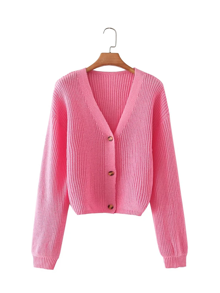 

New Autumn Women Rose Red Crop Cardigan Sweater Vintage Lantern Sleeve V Neck Female Knit Outerwear