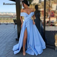 romantic baby blue satin evening dress off the shoulder sweetheart side high slit long prom gowns for special occasion 2022