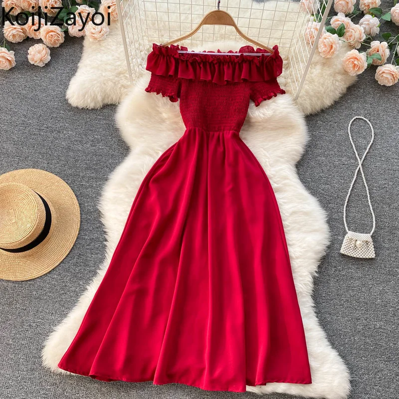 

Koijizayoi Sexy Women Ruffled Shirred Party Dress Slash Neck Bodice Solid Holiday Dresses Summer 2022 Chic Vestidos Prom Dress