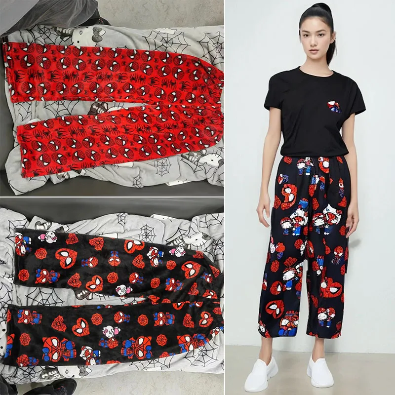 Новые хлопковые свободные женские пижамные штаны Hello Kitty с Человеком-пауком для