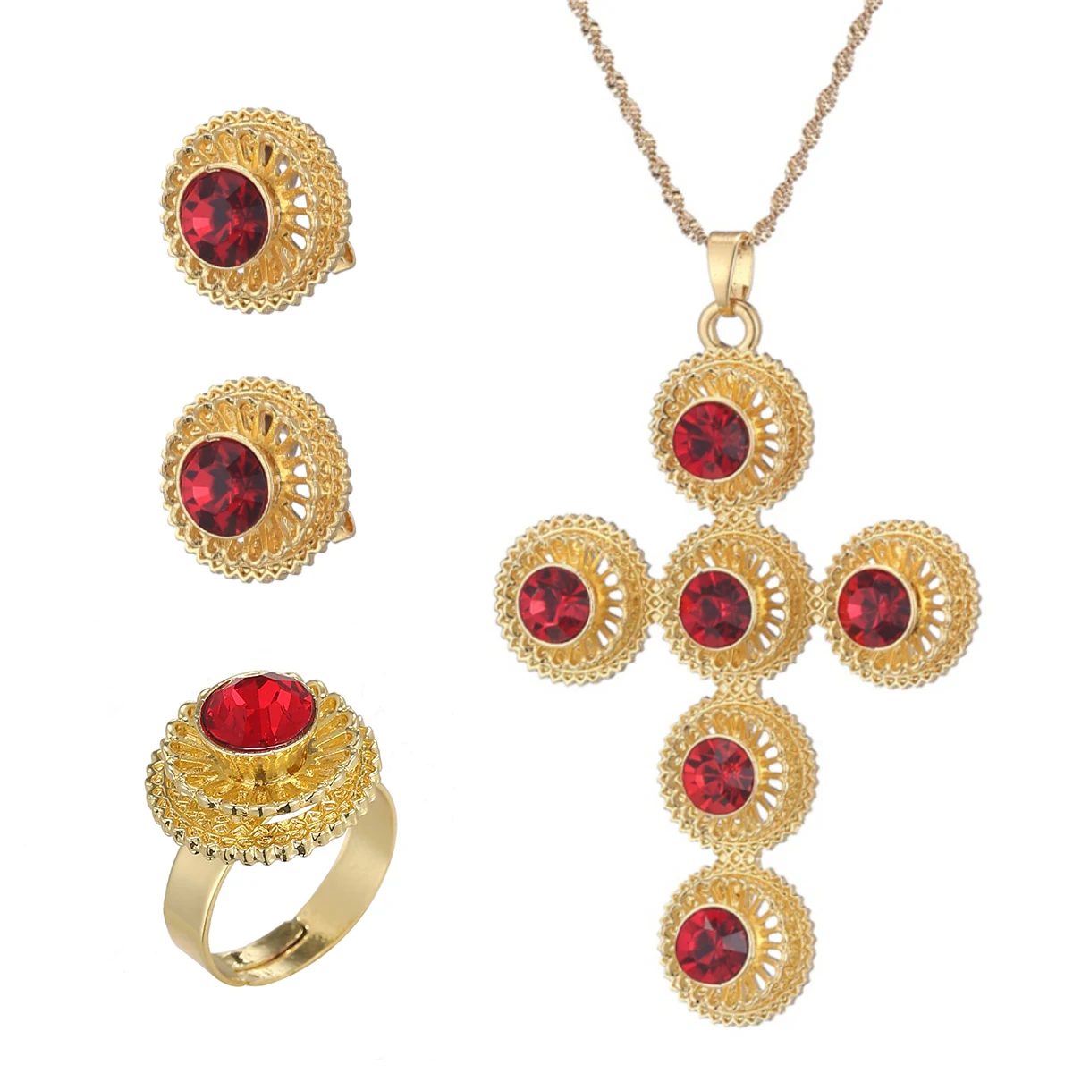 

Ethiopian Red Crystal Stone Cross Jewelry Sets African Eritrean Habesha Necklace Earrins Rings Jewellery