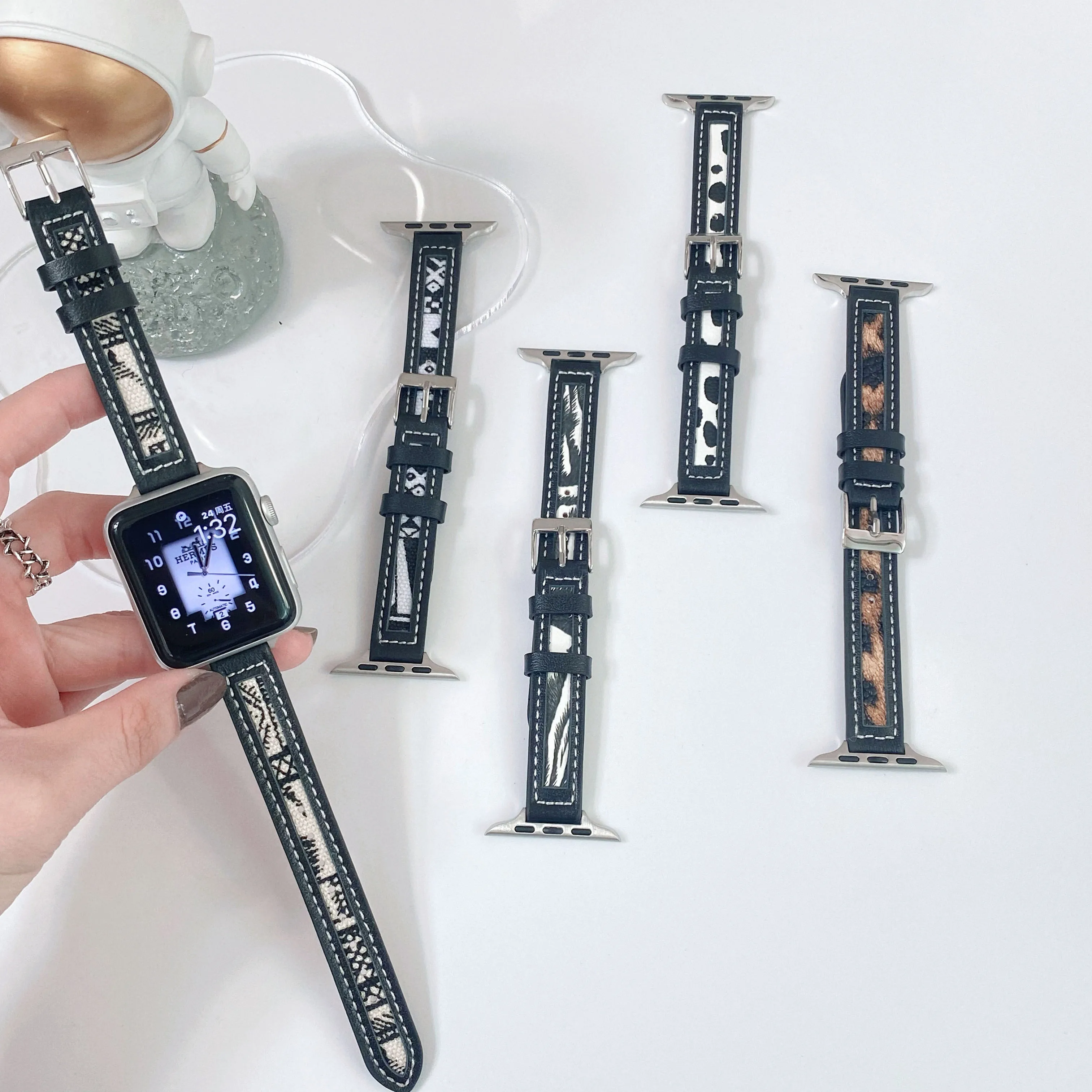 

Тонкий кожаный ремешок с узором для Apple Watch Band 38 40 мм 42 мм, для iWatch Se 76543, тонкий ремешок с леопардовым принтом 44 41 45 мм, браслет