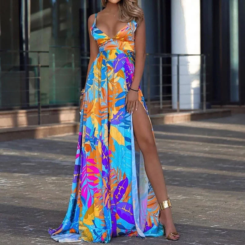 

Print Dresses For Women Summer 2022 New Vacation Beach Long Dress Leaf Bohemian Sling Tube Top Mopping Dresses