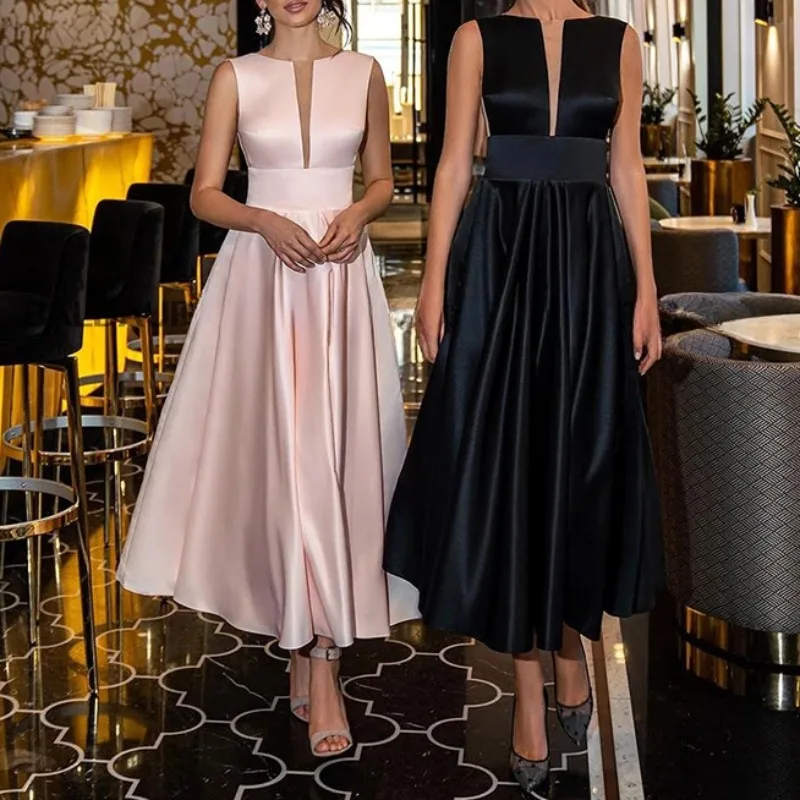 

Sexy Satin Prom Dress Elegant Midi Prom Evening Guest Party Summer Dresses Women 2023 Wedding Bridesmaid Deep V-neck Vestidos