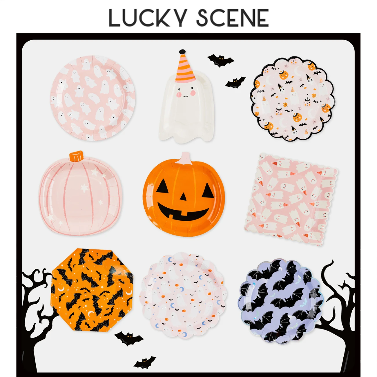 

8Pcs Halloween Paper Plate Ghost White Pumpkin Pink Bat Hat Orange Black S01759