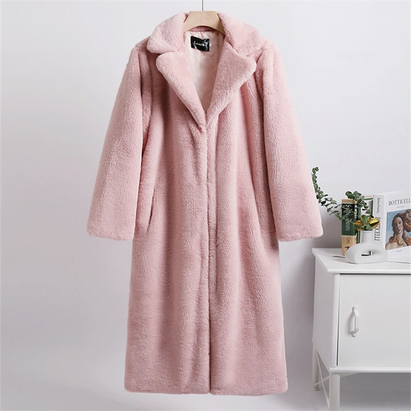 Winter Women Furry Warm Faux Rabbit Fur Coat Luxury Long Fur Coat Loose Lapel OverCoat Thick Warm Plus Size Female Plush Coats