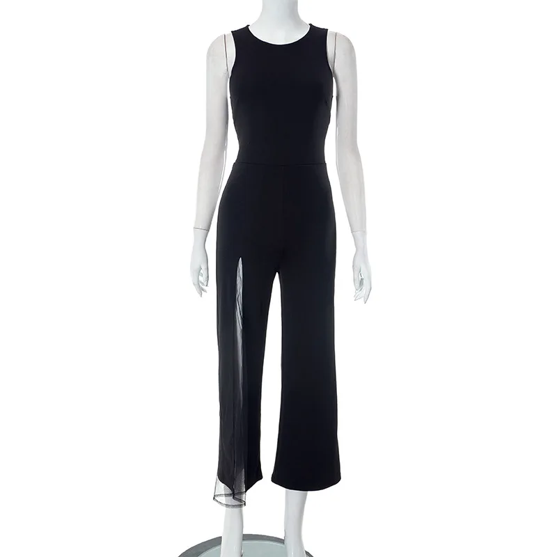European and American Style 2023 Summer New Round Neck Sleeveless Mesh Splice Slim Fit Spicy Girls' jumpsuit