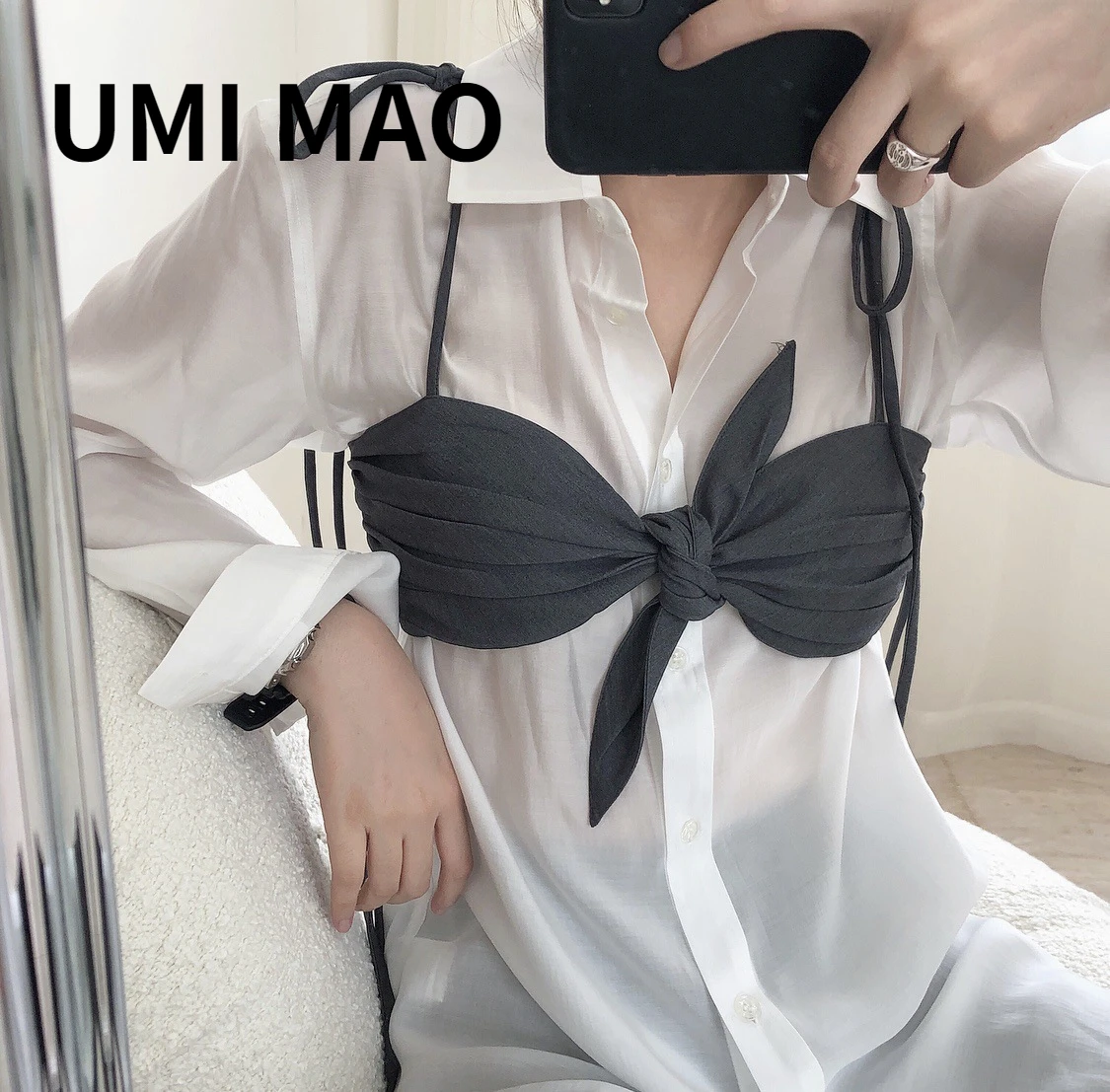 

UMI MAO Autumn New Ins Bloggers Fashionable Bow Tie Straps Tube Top Accessories Sling Thin Pleated Vest Worn Outside Women