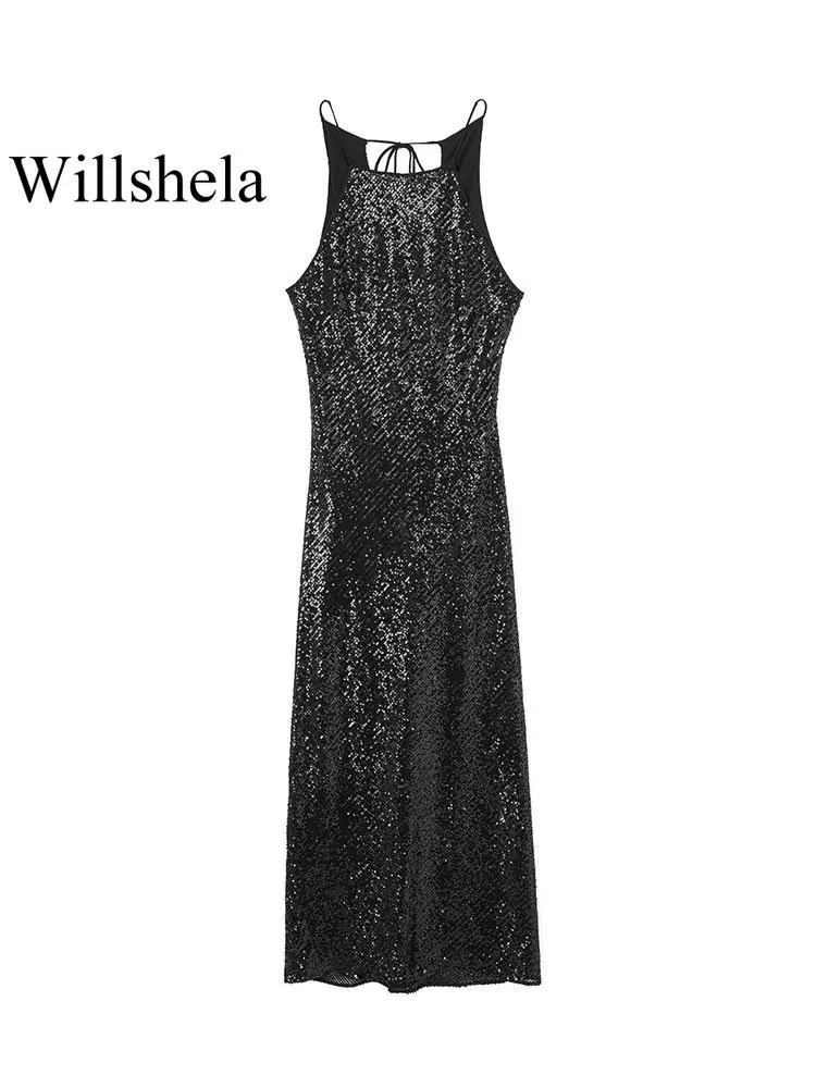 

Willshela Women Fashion Black With Sequined Midi Dress Vintage Square Collar Lace-up Back Hollow Out Sleeveless Female Dresses