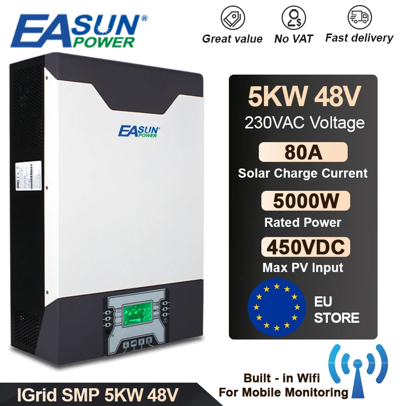 Источник питания EASUN 5000W 230V 48V Гибридный солнечный инвертор 5Kva 500Vdc PV 80A MPPT
