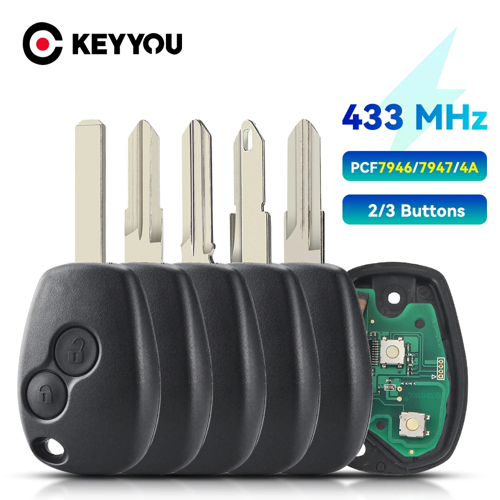 Фото Пульт дистанционного управления KEYYOU 2 с 3 кнопками, 433 МГц с чипом PCF7947 для Renault Clio Kangoo Master Modus Logan Conquest Key №1