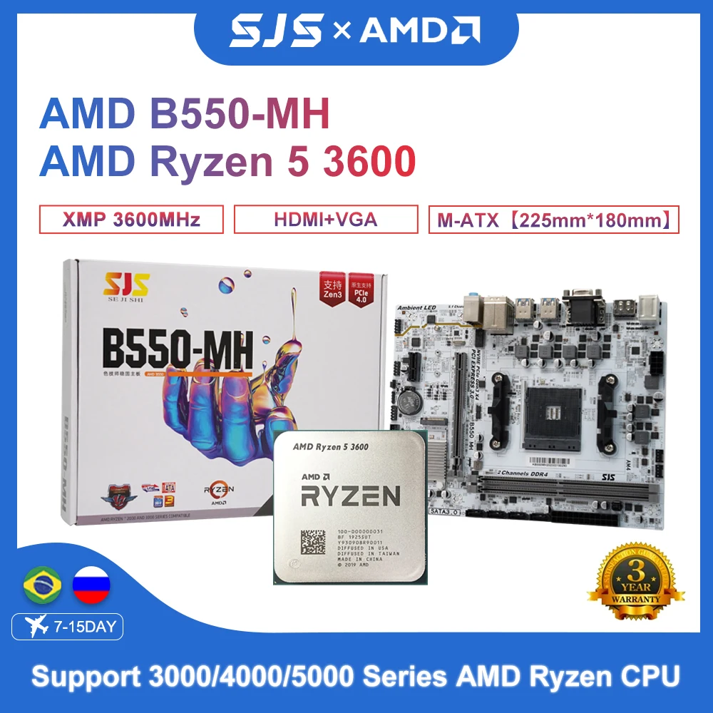 

SJS New AMD B550 64G DDR4 Motherboard + AMD Ryzen 5 3600 R5 3600 3.6 GHz 6-Core 12-Thread CPU Processor Micro-ATX placa mae