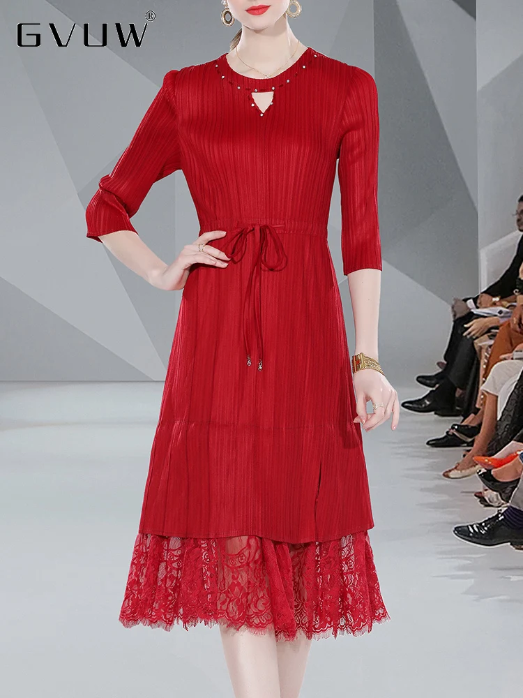 

GVUW Gauze Pleated Dress For Women Beading Lace-up Round Collar Half Sleeve Slim Fit 2023 Summer Female Fashion Clothing 17J1384
