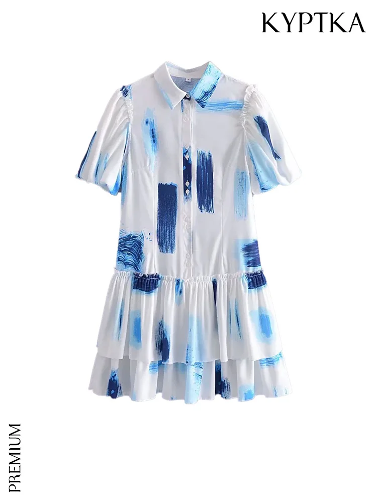 

Женское платье с рюшами KYPTKA, красное винтажное платье миди на пуговицах с рукавами-фонариками и принтом,