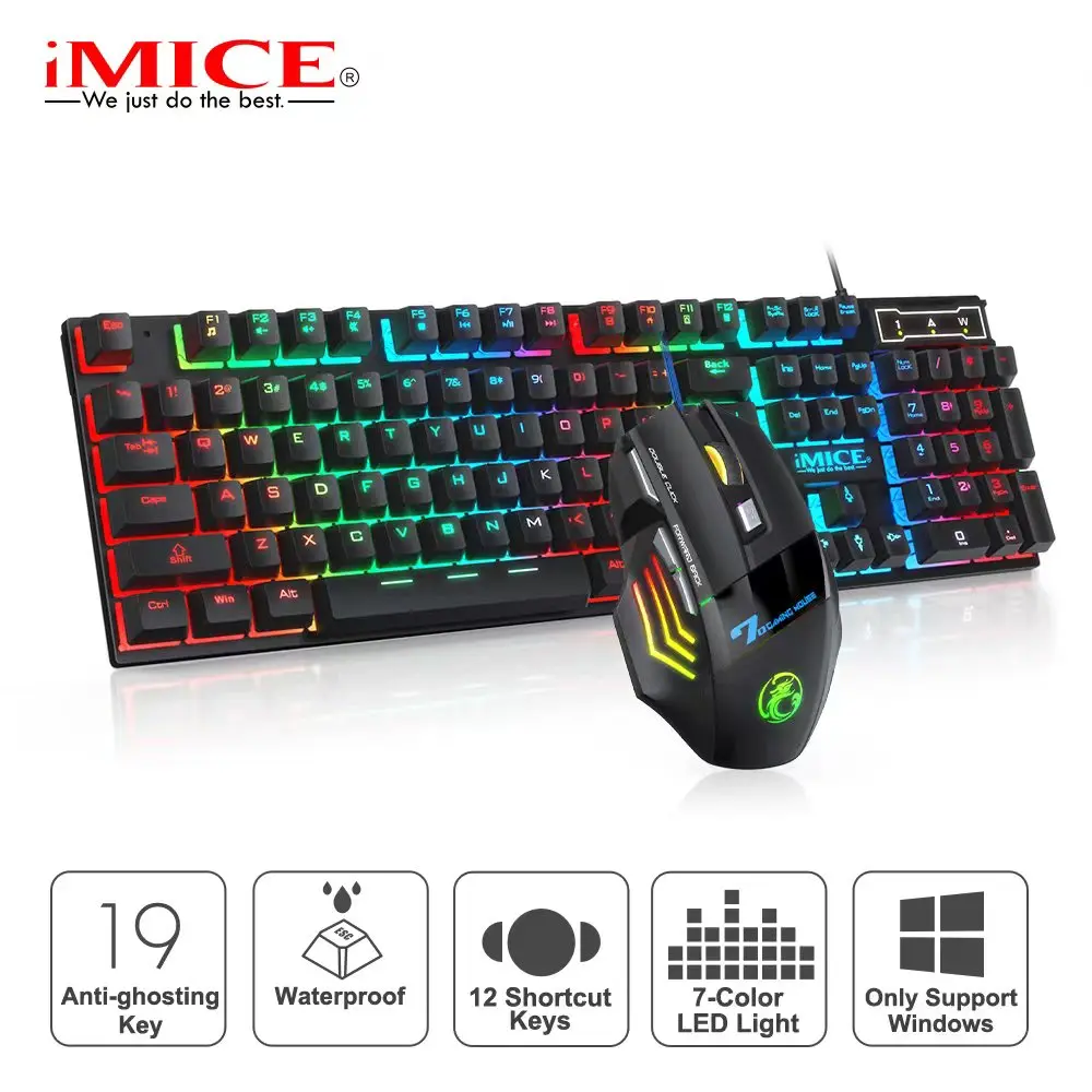Gamer klavye ve fare PC oyun klavyesi RGB arkadan aydınlatmalı klavye kauçuk Keycaps kablolu rusça klavye fare oyun fare