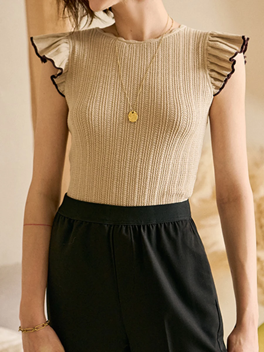 

Fungus Solid Knit T-shirt 2023 Summer Women Round Neck Fashion Simple Sleeveless Top Tees Femme French Vintage Casual T-shirt