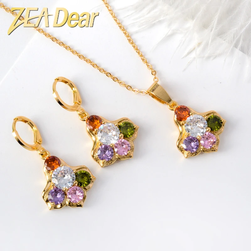 

ZEADear Jewelry Classic Female Zircon Crystal Necklace Colorful Flower Pendant Women Festival High Quality Wear Girl Jewelry Set