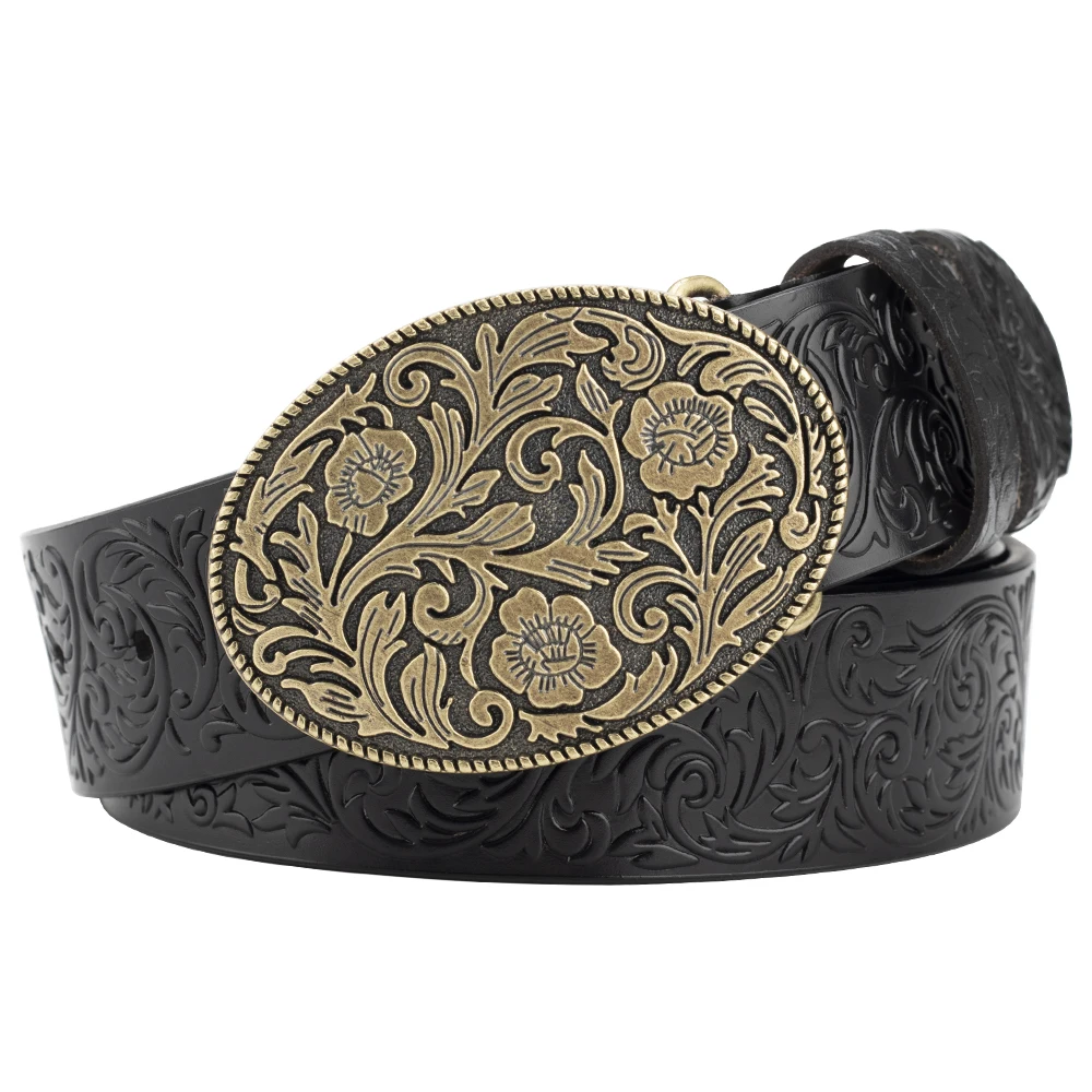 Tang Grass Pattern Embossed Leather Belt Fashion for Men Youth