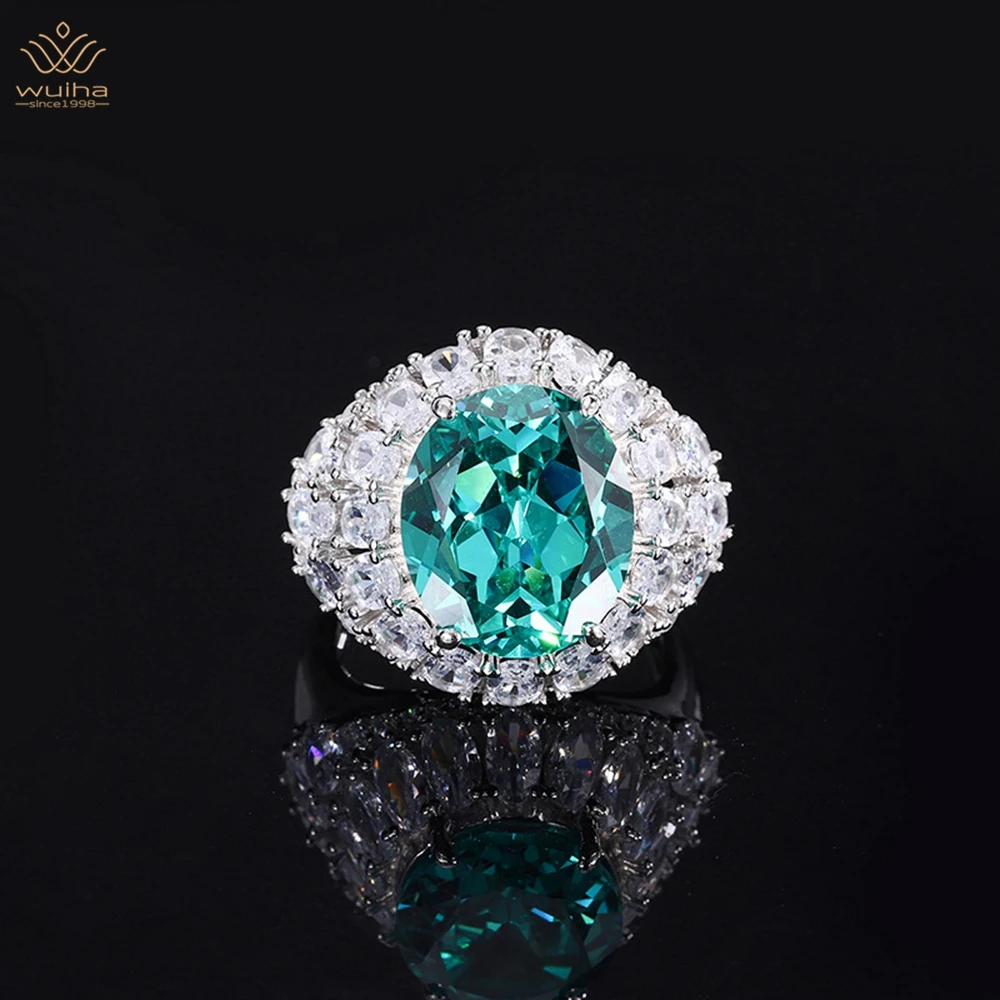 

WUIHA Luxury 925 Sterling Silver Paraiba 12*14MM Sapphire Faceted Gemstone Ring For Women Anniversary Gift Jewelry Drop Shipping