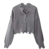 2022 short sweater womens spring and autumn wear gray knitted cardigan design sense niche pure lust hot girl cropped top trendy