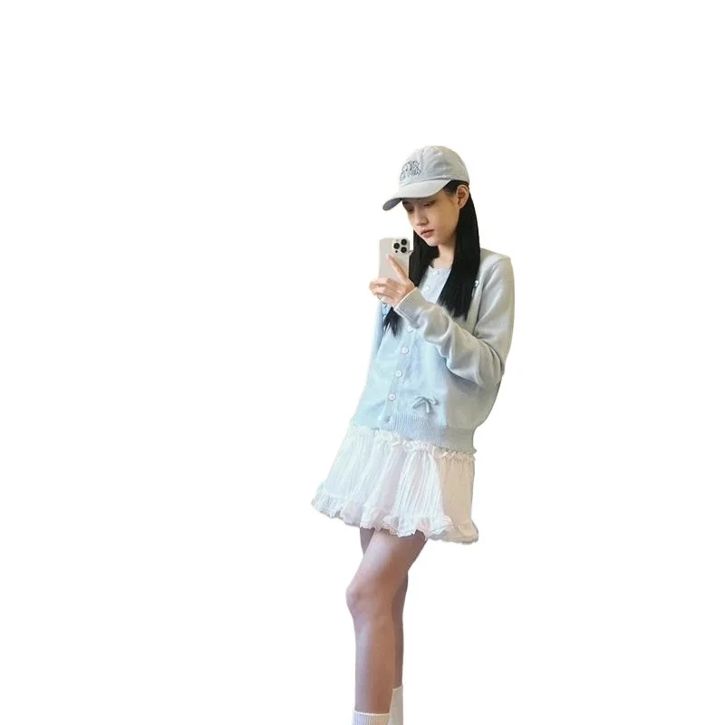 Балетный вязаный кардиган с бантом синий свитер женский милый корейский осенняя