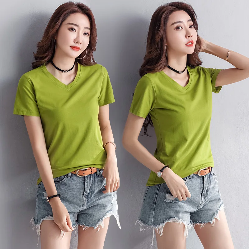 KRCVES Female Fashion Trend Short Sleeved T-Shirt Women'S Clothes Summer 2023 New Pure Cotton V-Neck Pullover Bottomed Shirt Top
