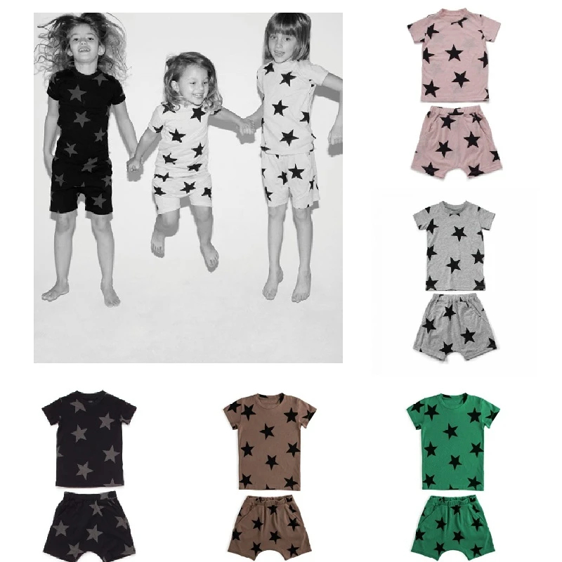 

kibou Children's 2022 Spring And Summer Cotton Soft Printed Tops Children's Clothing Pentagram T-Shirt Shorts Set 2-12y