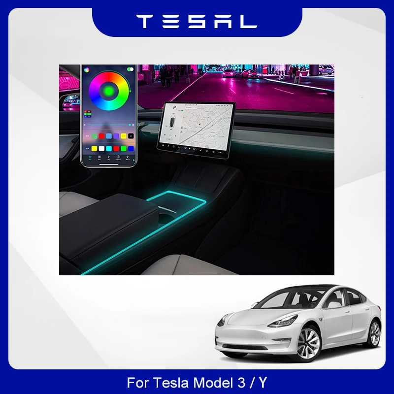 For Tesla Model 3 Y 2021 Ambient Light Phone App Control Car Accessories Interior Decoration Central Console Color LED Light