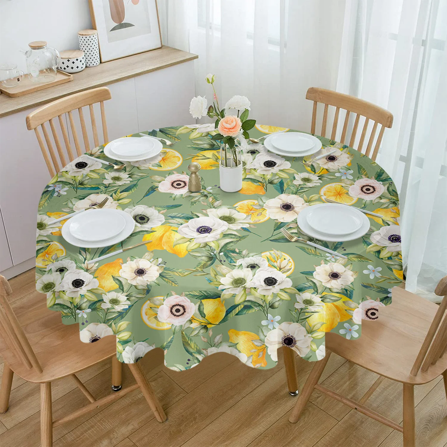 

Summer Lemon Camellia Round Tablecloth Waterproof Table Cover for Wedding Party Decoration Dining Table Cover