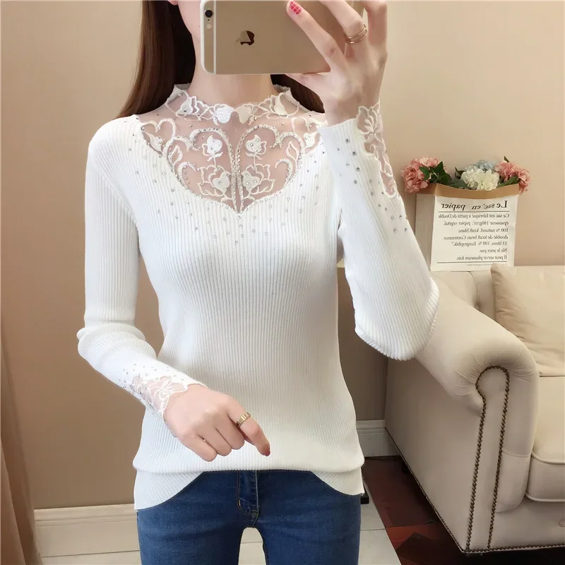 

Свитер женская рубашка с круглым вырезом пуловер тонкий эластичный вязаный свитер женский белый