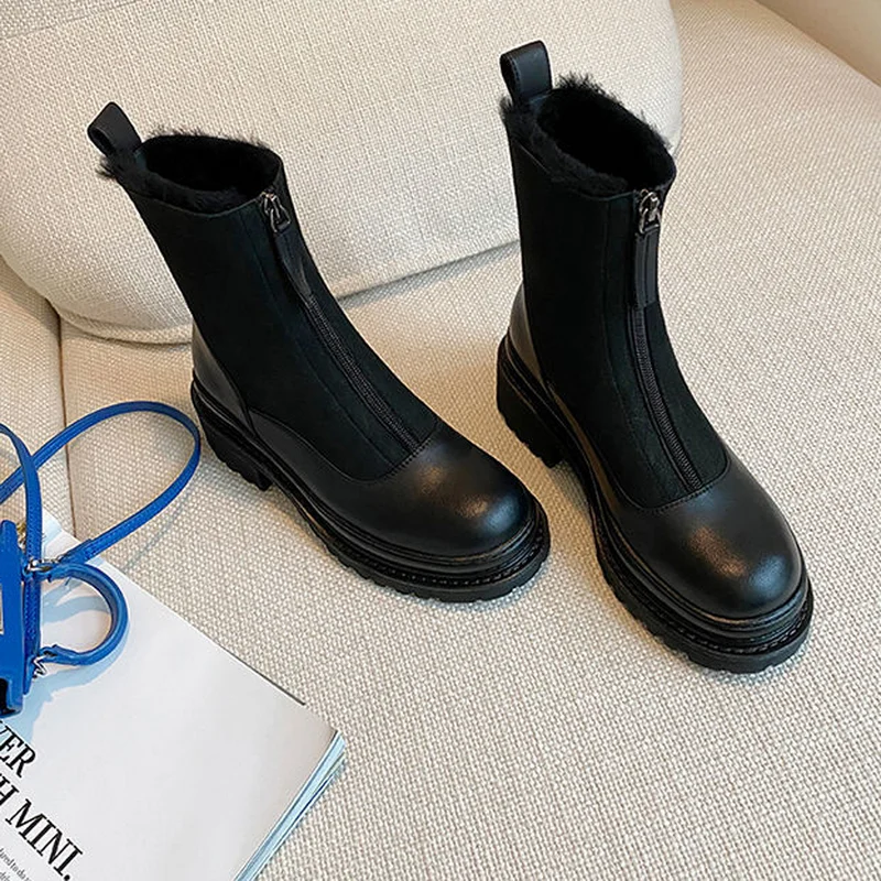 2023 Women Snow Boots ,Fashion Front Zip Plush Winter Shoe Short Botas Thick Sole Round Toe Back Zip Black Brown Dropship New