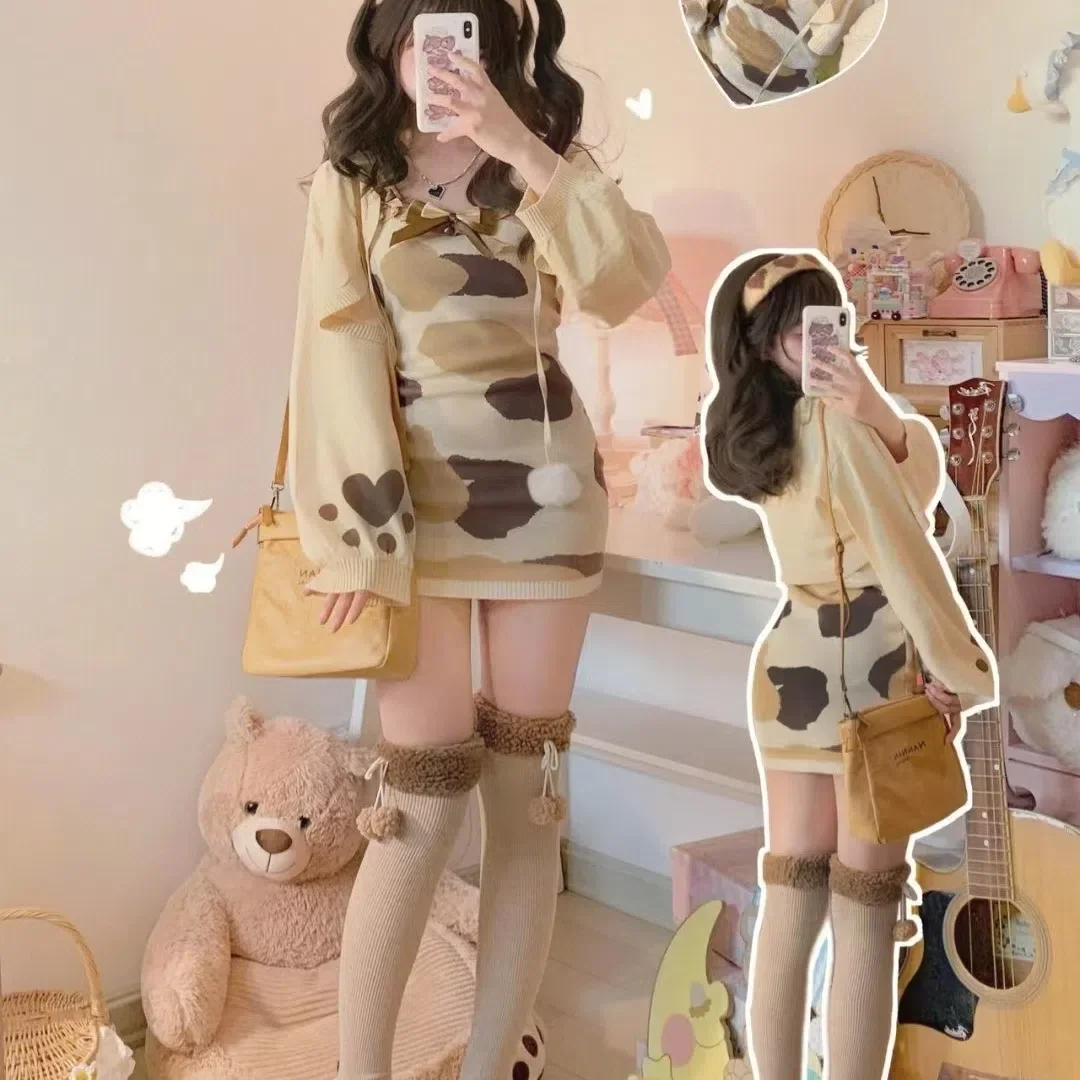 

Платье-Свитер из двух частей, милое объемное пальто с котом, короткая юбка, Корея, Япония