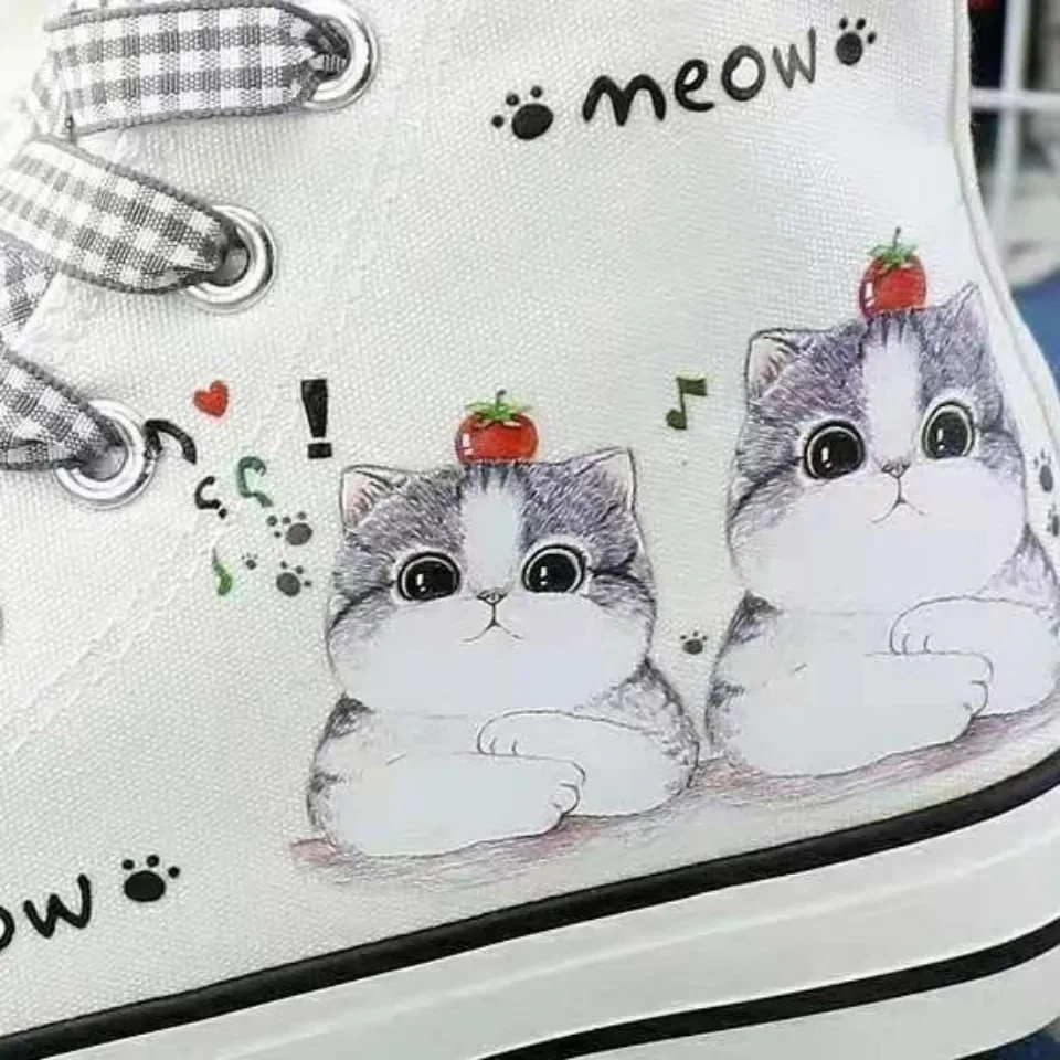 White Black Canvas Sneakers 2023 Fashion Korea Style Cartoon Cute Cat  Female Sneakers Casual Students Daily Wear Women Footwear